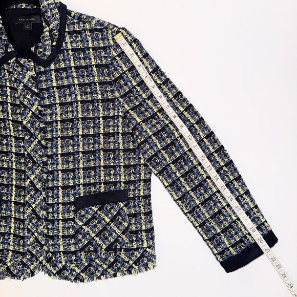 Ann Taylor Tweed Blazer Jacket Blue Green Cream Plaid Zip Front Collared 12 EUC - Picture 12 of 15